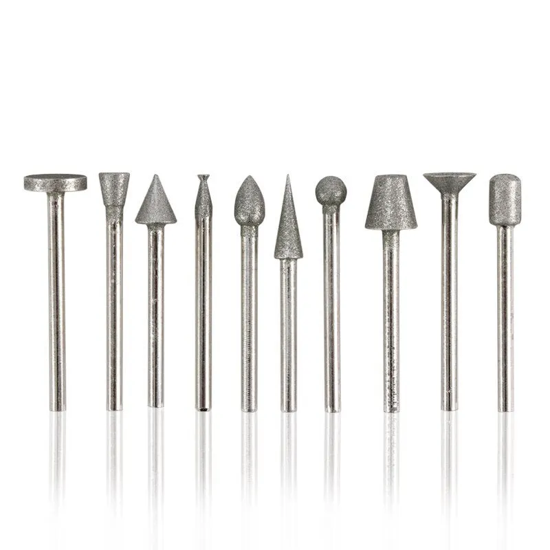 Alloy grinding head set with elliptical cone shape and 3mm shank for glass and stone work