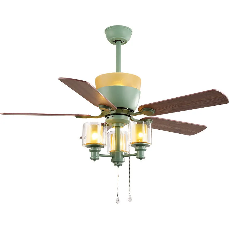 American style dark green 48-inch ceiling fan lamp with wood leaf blades and glass light shade for dining rooms