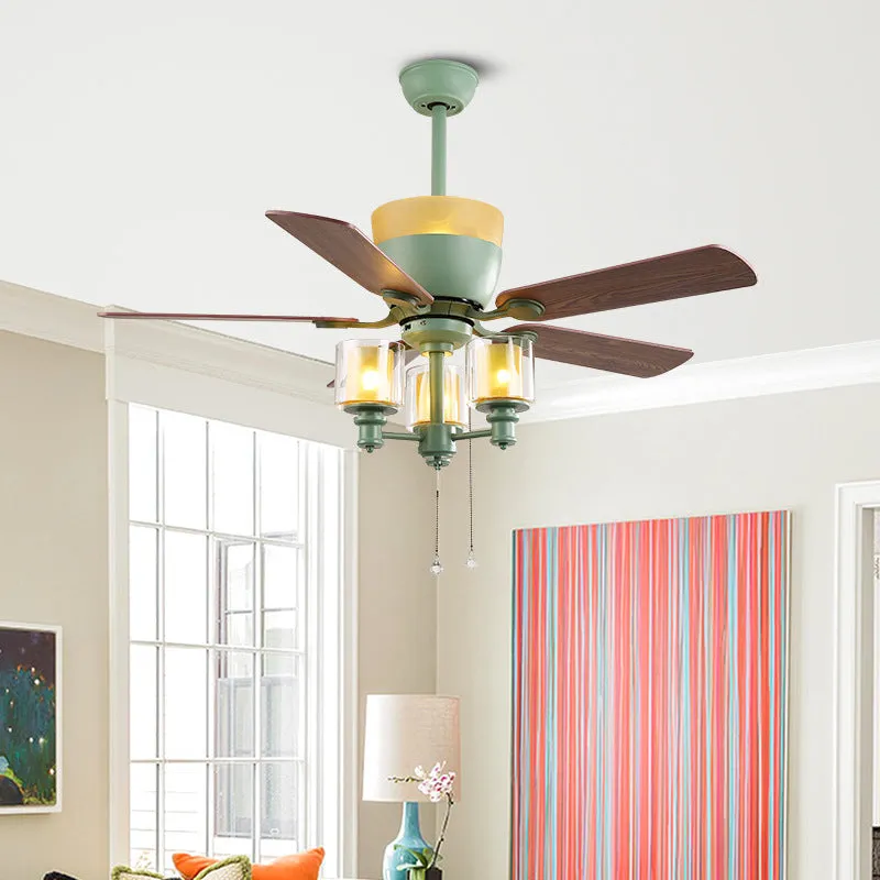 American style dark green 48-inch ceiling fan lamp with wood leaf blades and glass light shade for dining rooms