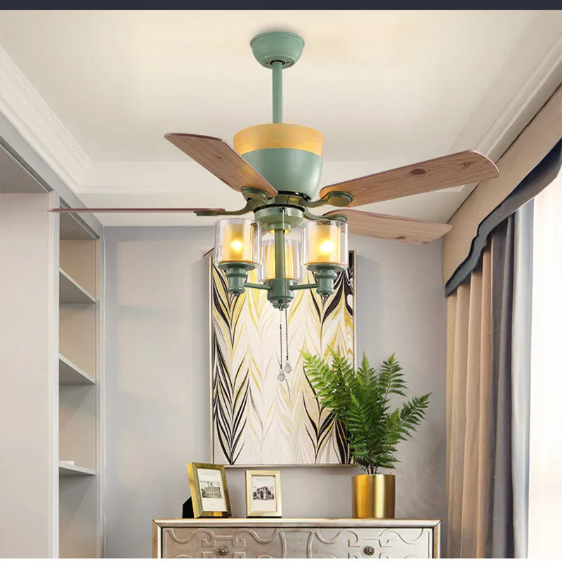 American style dark green 48-inch ceiling fan lamp with wood leaf blades and glass light shade for dining rooms