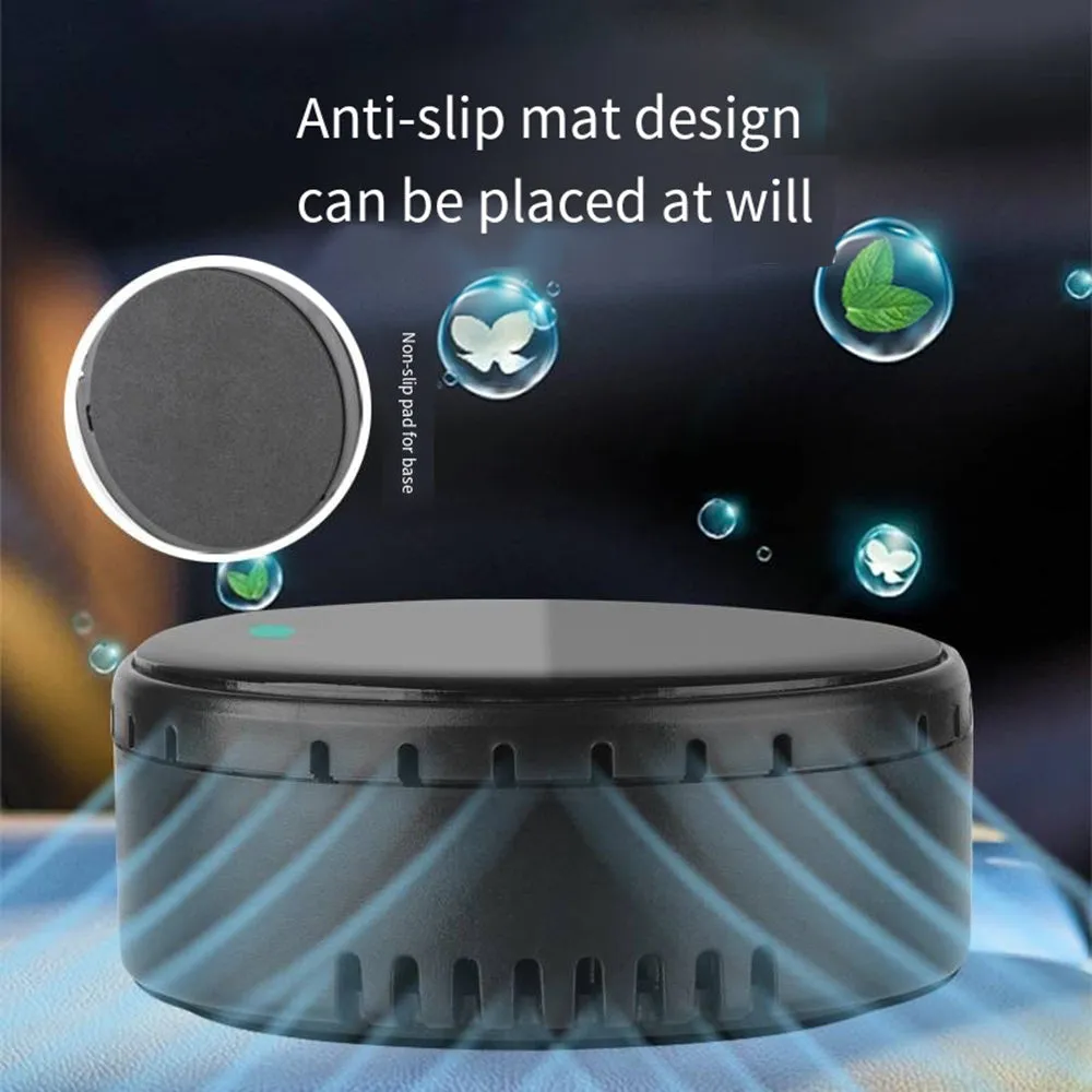 Black solar-powered car humidifier mounted in a vehicle air conditioning vent.