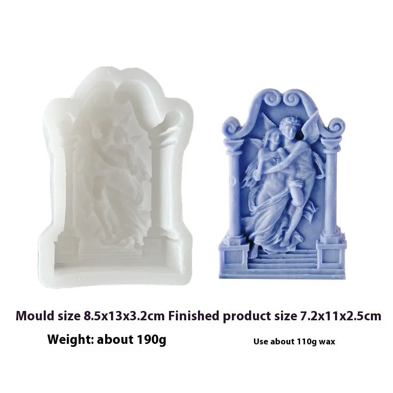 Square elf shaped silicone baking mold for angel aromatherapy candle ornaments and cake decorating on a plain background