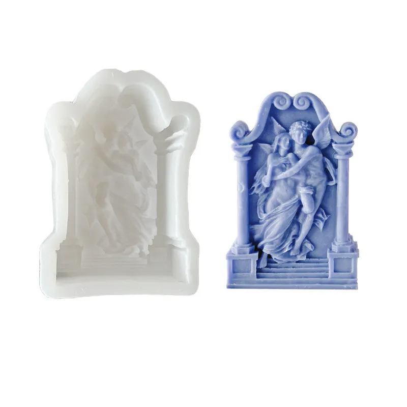 Square elf shaped silicone baking mold for angel aromatherapy candle ornaments and cake decorating on a plain background