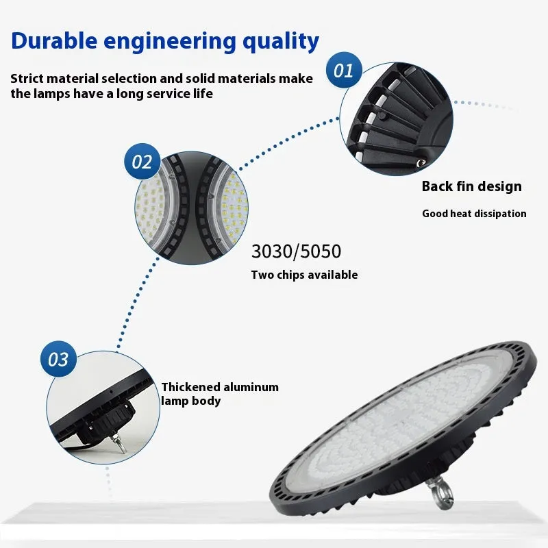 Waterproof UFO-shaped pendant lamp for industrial warehouse and factory lighting, white finish