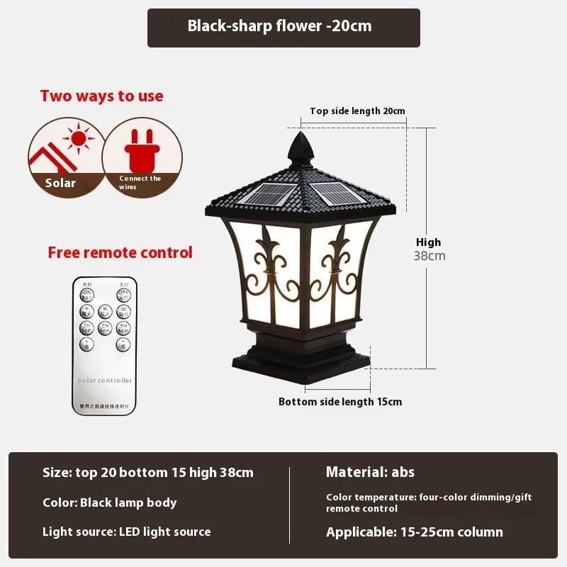 Black small size solar pillar lamp with flower shape, IP65 rated, 12W outdoor garden light