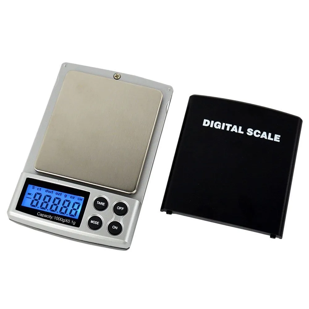 Gold electronic scale with oversized stainless steel tray, 0.1g precision, 10000g capacity, compact 114x76x19.5mm dimensions