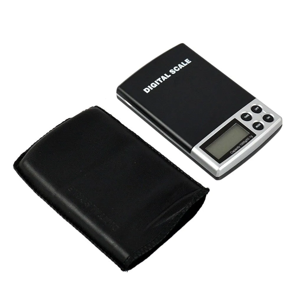 Gold electronic scale with oversized stainless steel tray, 0.1g precision, 10000g capacity, compact 114x76x19.5mm dimensions