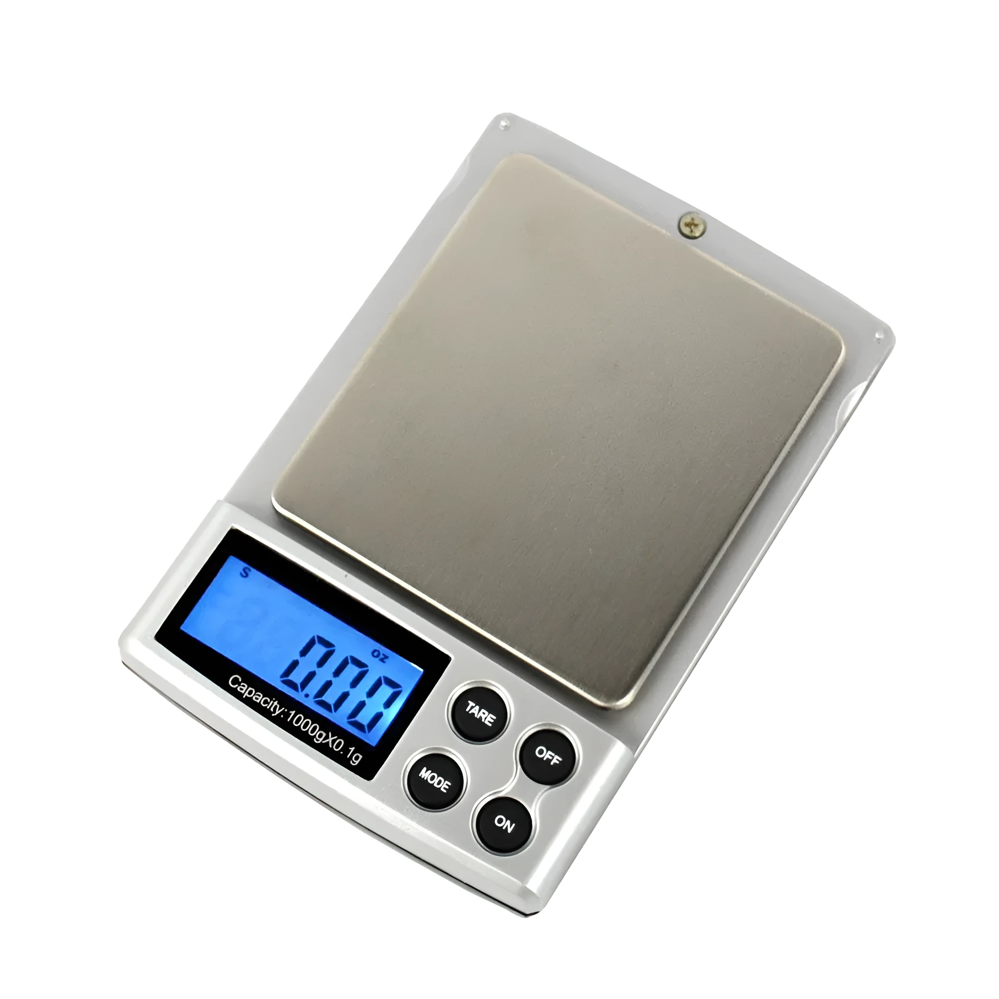 Gold electronic scale with oversized stainless steel tray, 0.1g precision, 10000g capacity, compact 114x76x19.5mm dimensions