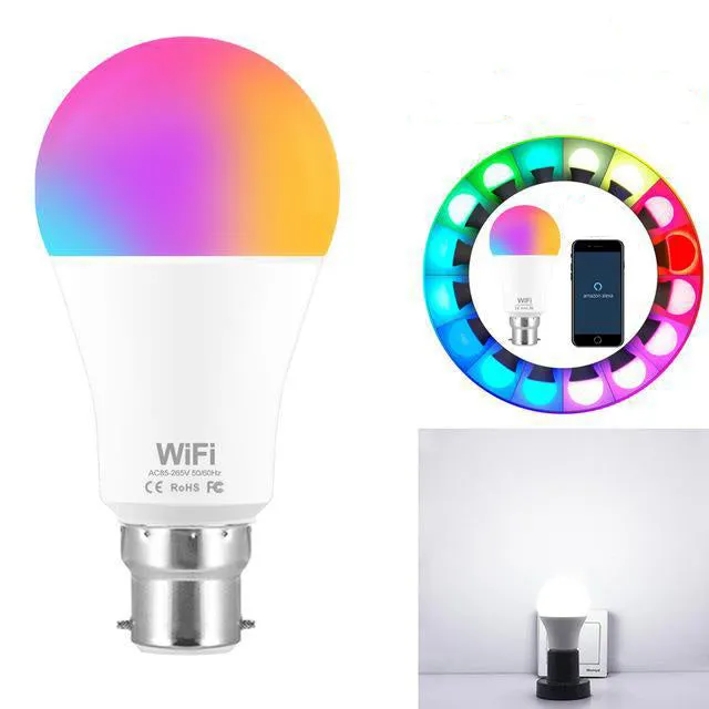 A smart WiFi-enabled LED light bulb with RGB colour changing and dimming functions for E27 or B22 fittings.