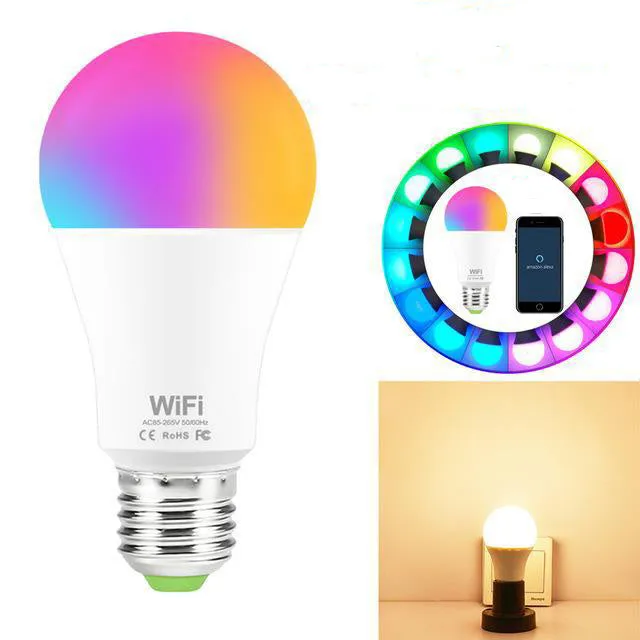 A smart WiFi-enabled LED light bulb with RGB colour changing and dimming functions for E27 or B22 fittings.