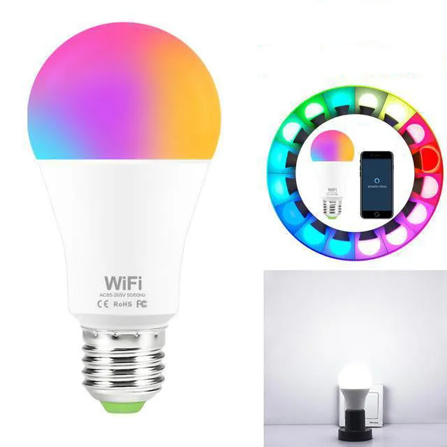 A smart WiFi-enabled LED light bulb with RGB colour changing and dimming functions for E27 or B22 fittings.