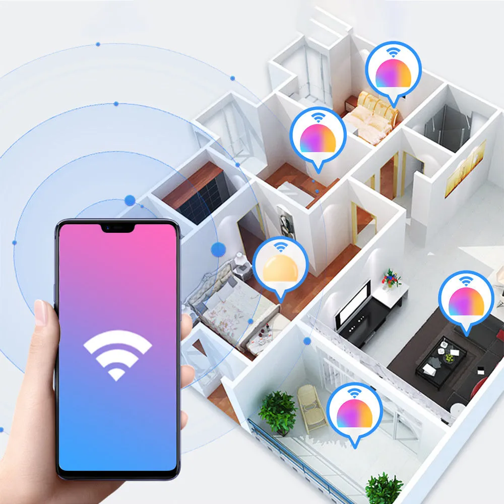 A smart WiFi-enabled LED light bulb with RGB colour changing and dimming functions for E27 or B22 fittings.
