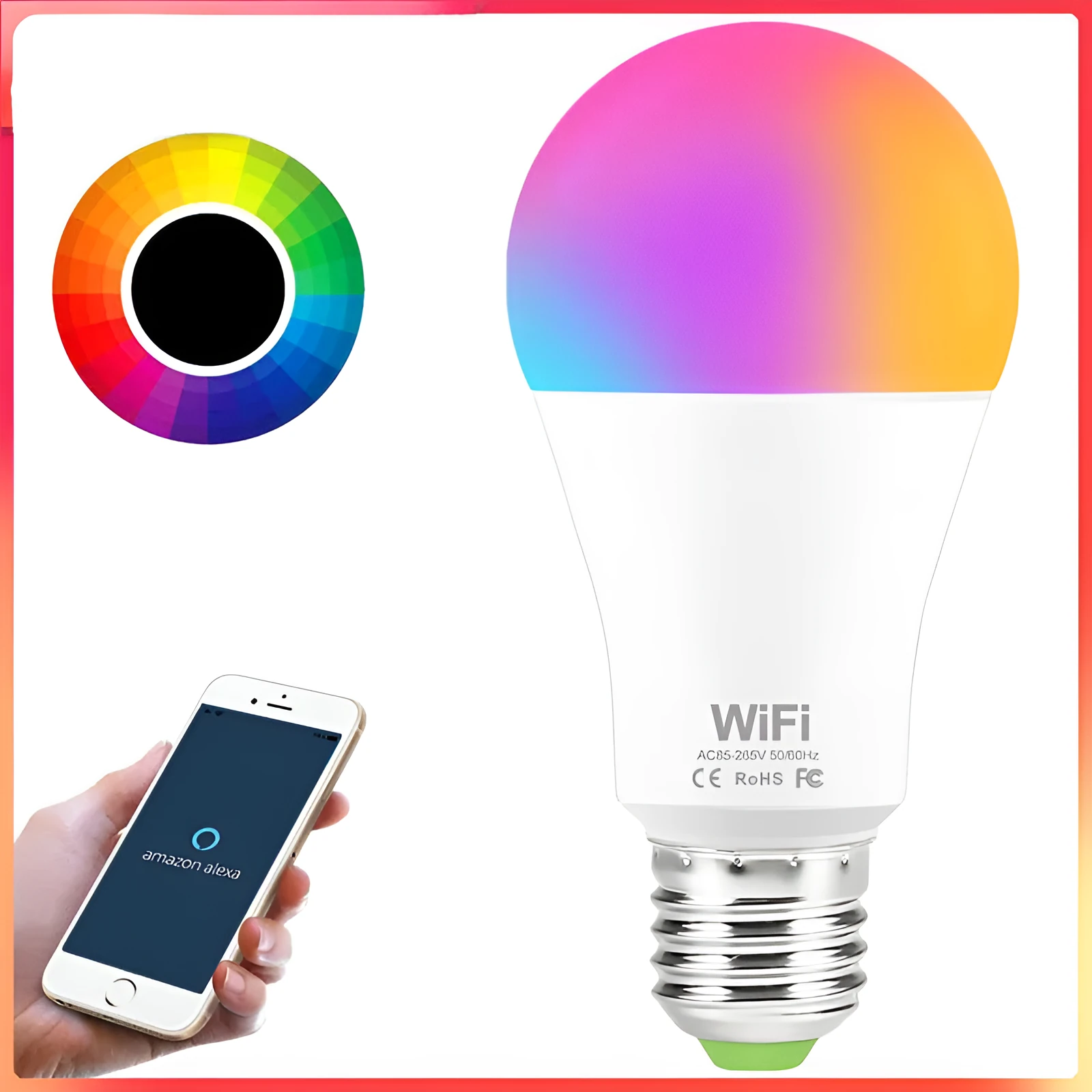 A smart WiFi-enabled LED light bulb with RGB colour changing and dimming functions for E27 or B22 fittings.