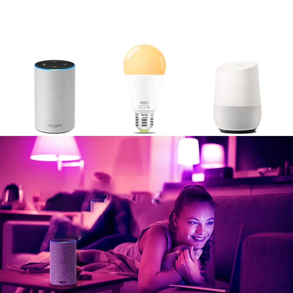A smart WiFi-enabled LED light bulb with RGB colour changing and dimming functions for E27 or B22 fittings.
