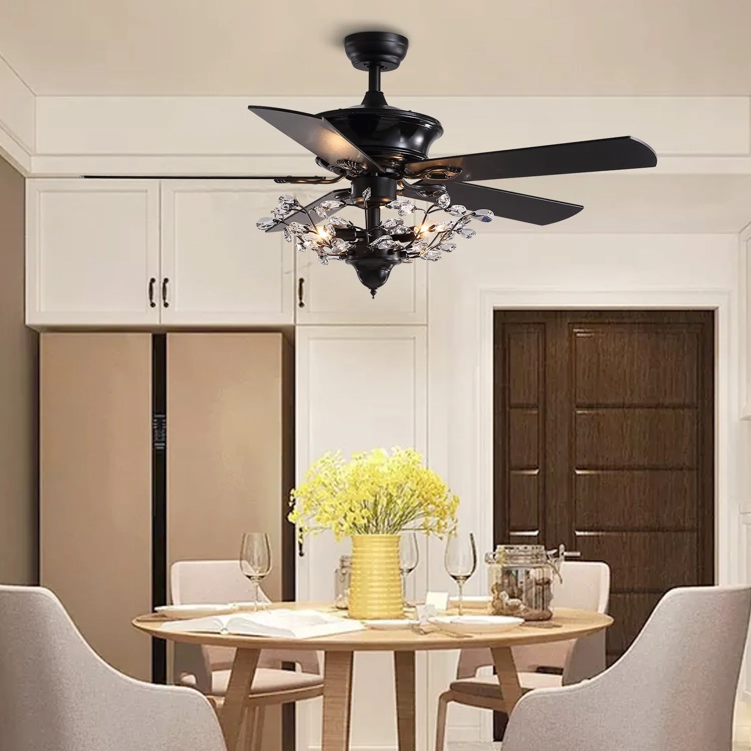 52-inch wooden ceiling fan with remote control and light, wood blades and shade, three bulb holders