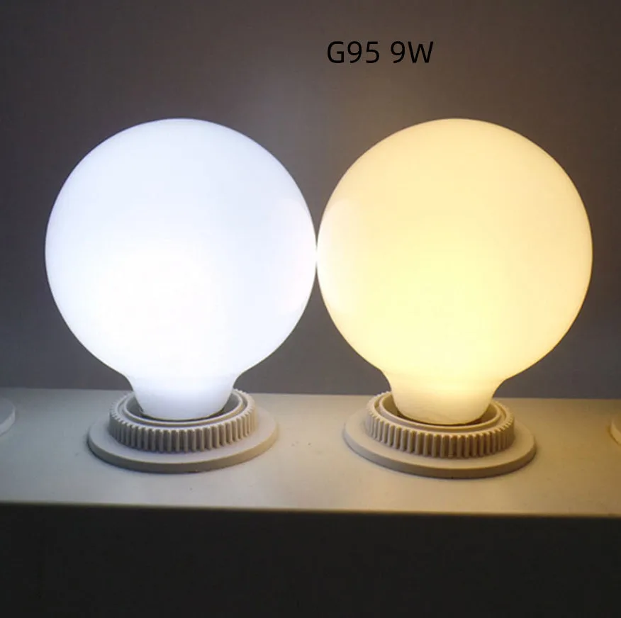 Milky white glass LED bulb with screw base, 80mm diameter, three colour temperature options, for home use