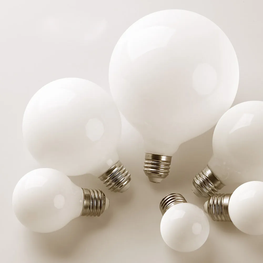 Milky white glass LED bulb with screw base, 80mm diameter, three colour temperature options, for home use