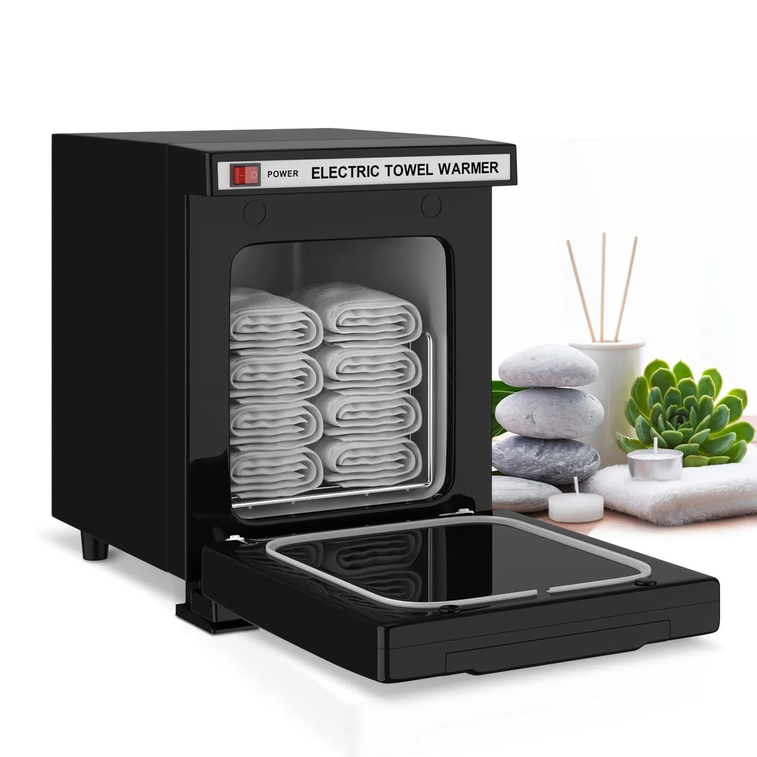 UV ozone disinfection cabinet with towel heating in black finish, front view, for household use
