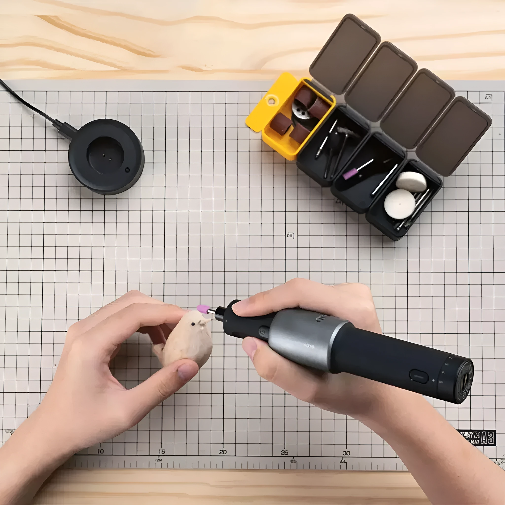 Black hand held rechargeable grinder with USB cable and accessory kit on workbench