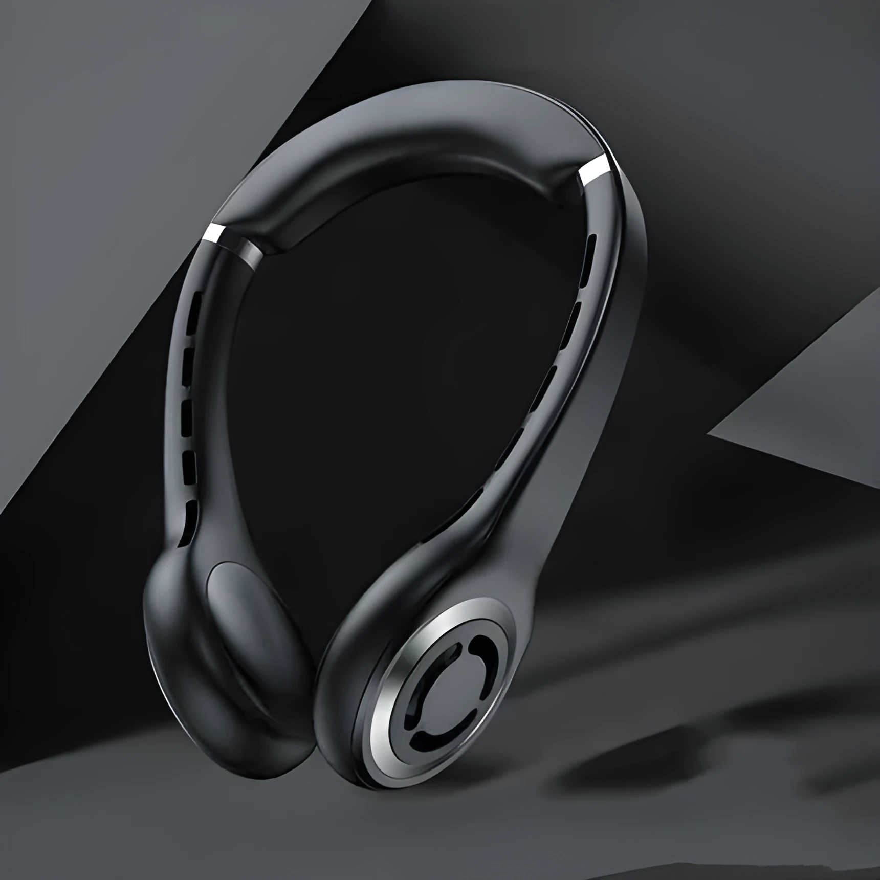 Black hanging neck fan with ultra-quiet mini USB design and dual battery pack worn around neck