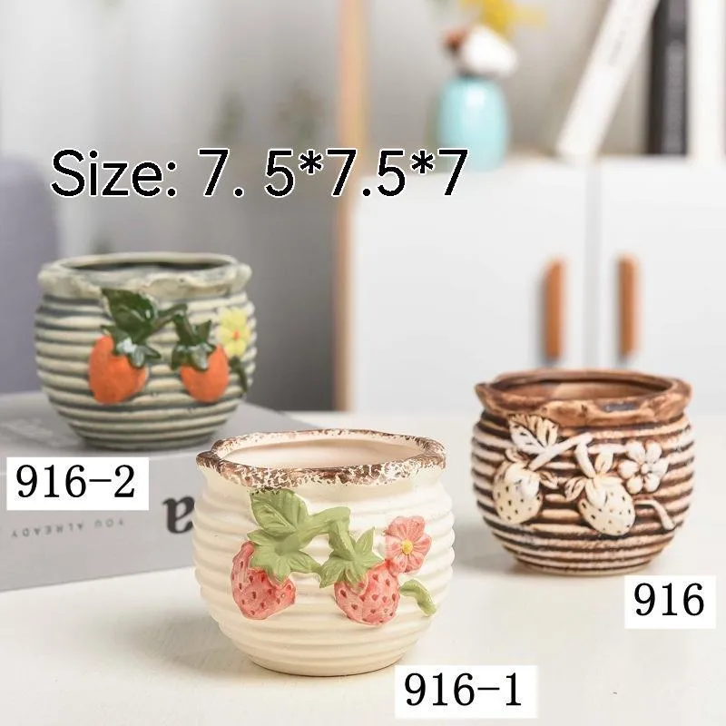 Stoneware breathable small-caliber succulent flower pot in painted ceramic finish, 3-piece set on desktop