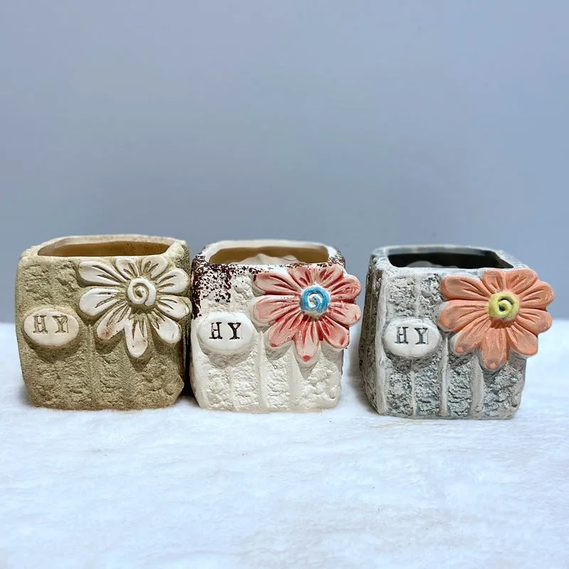 Stoneware breathable small-caliber succulent flower pot in painted ceramic finish, 3-piece set on desktop