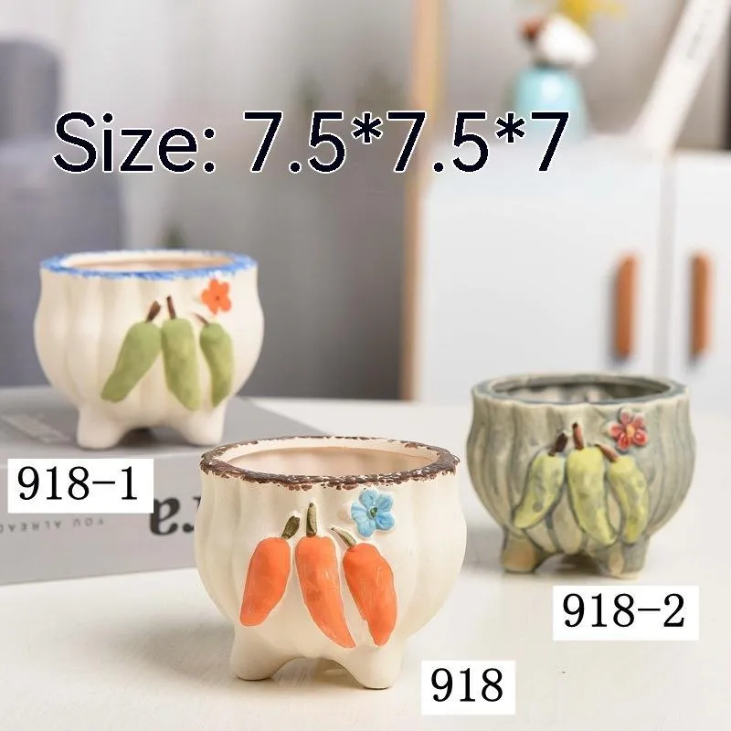 Stoneware breathable small-caliber succulent flower pot in painted ceramic finish, 3-piece set on desktop