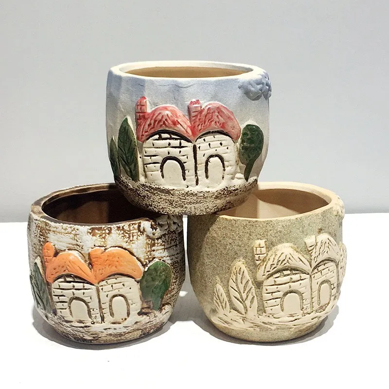 Stoneware breathable small-caliber succulent flower pot in painted ceramic finish, 3-piece set on desktop
