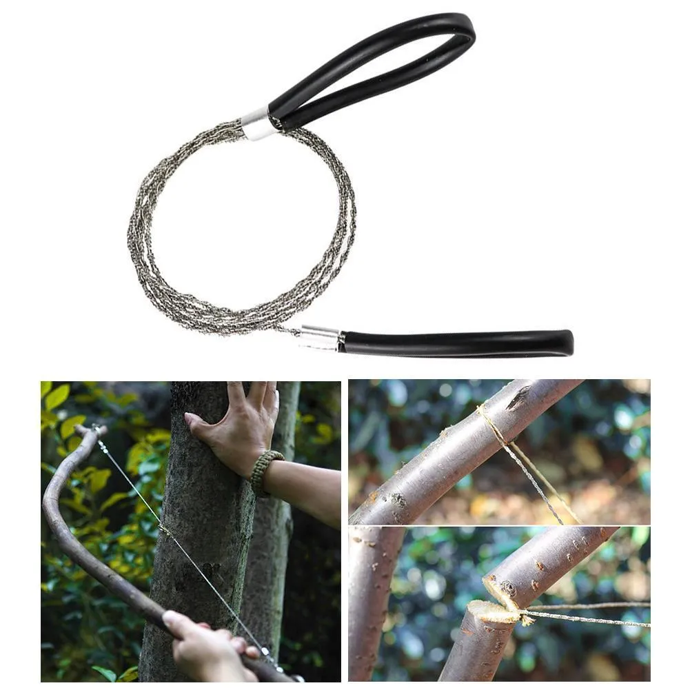 Manual cutting chain saw with handle and wire rope on white background, hand tool for garden pruning