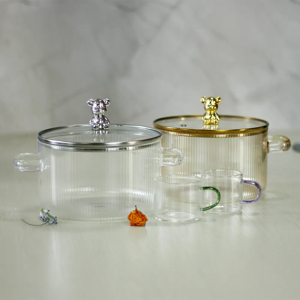 Transparent borosilicate glass milk pot with double ears and glass lid, 1600ml non-stick hot pot