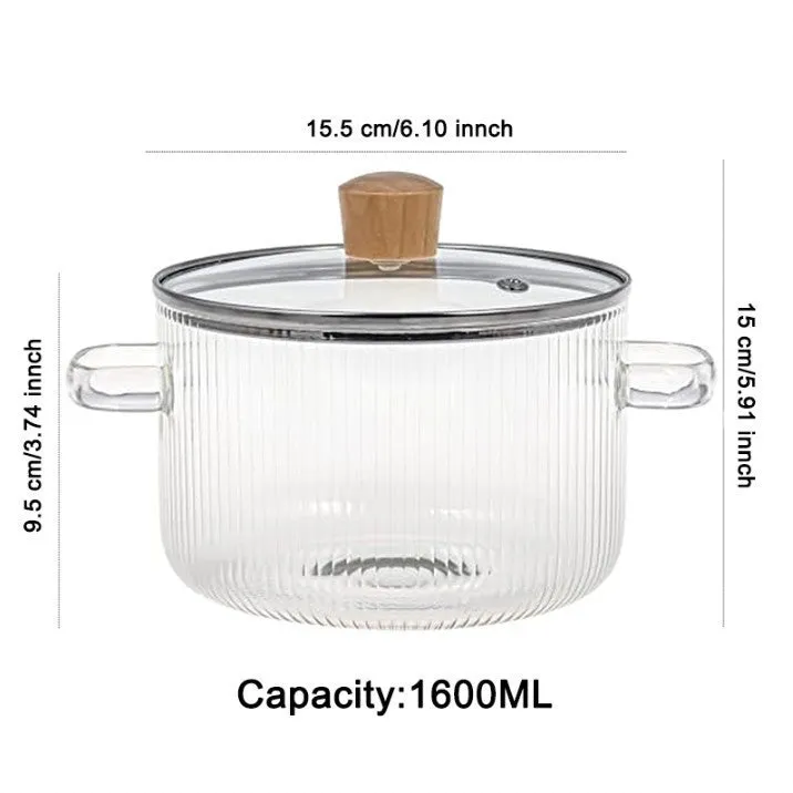 Transparent borosilicate glass milk pot with double ears and glass lid, 1600ml non-stick hot pot