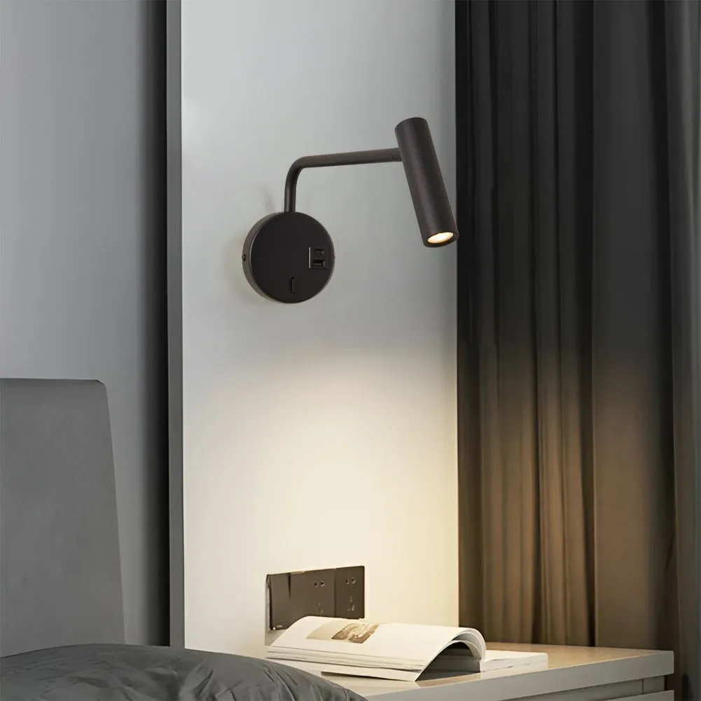 Rocker LED reading wall lamp in black finish with adjustable arm and head for bedside use
