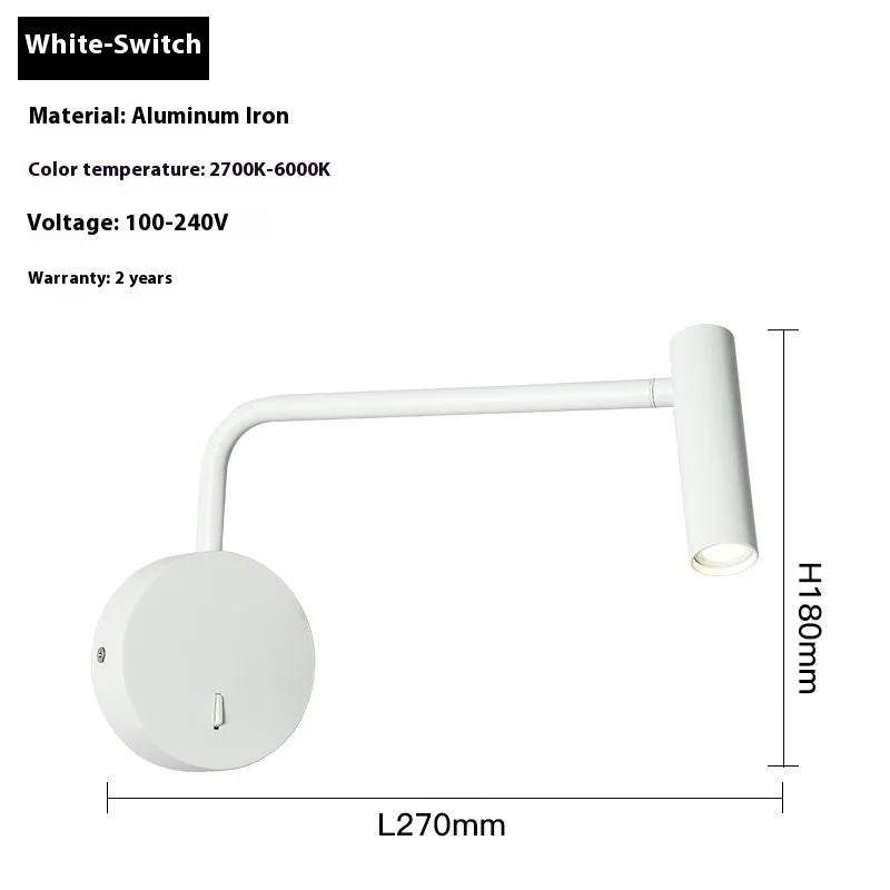 Rocker LED reading wall lamp in black finish with adjustable arm and head for bedside use