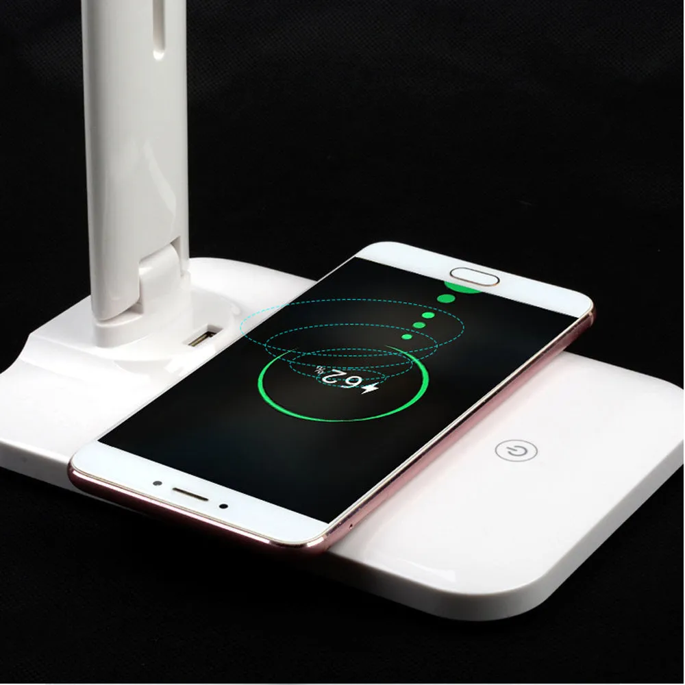 White eye protection desk lamp with Qi wireless charging base, 28 LED beads, touch dimmer, USB charging