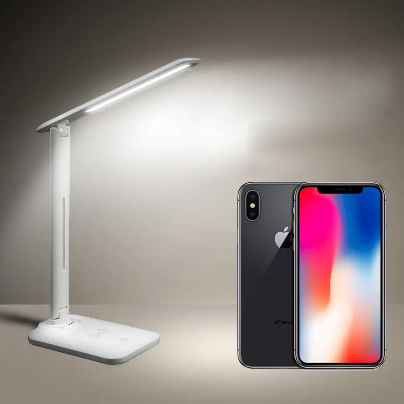 White eye protection desk lamp with Qi wireless charging base, 28 LED beads, touch dimmer, USB charging