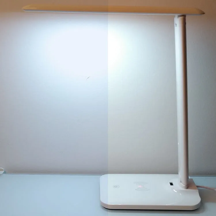 White eye protection desk lamp with Qi wireless charging base, 28 LED beads, touch dimmer, USB charging