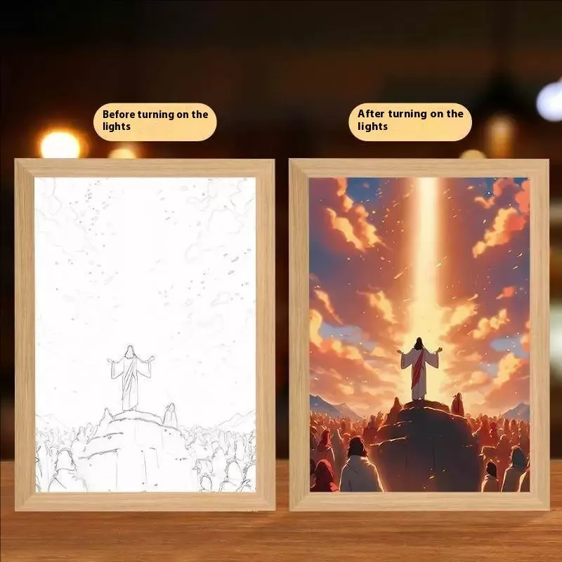 Handmade rectangular LED light painting photo frame showing a spiritual cross design, with USB cable.