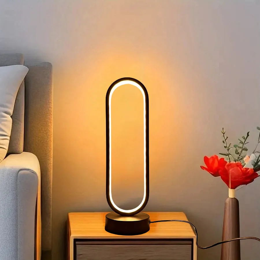 Black and white USB ring dimming LED night lamp with acrylic shade and iron base, 32 cm tall, three colour settings