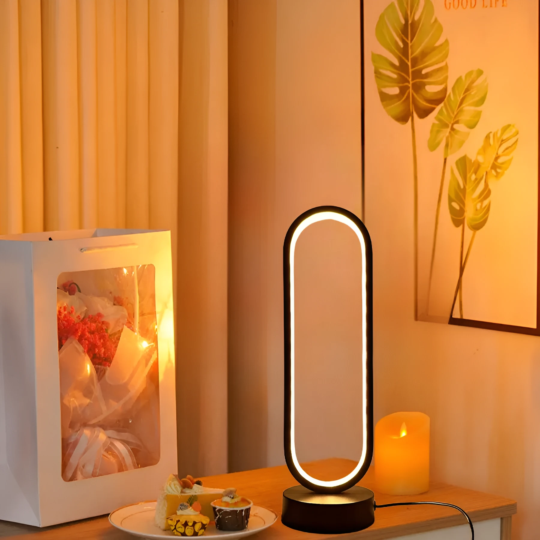 Black and white USB ring dimming LED night lamp with acrylic shade and iron base, 32 cm tall, three colour settings