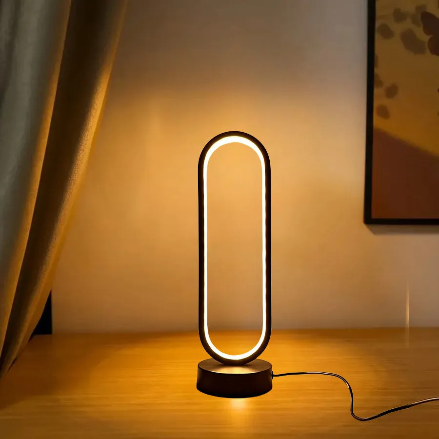 Black and white USB ring dimming LED night lamp with acrylic shade and iron base, 32 cm tall, three colour settings
