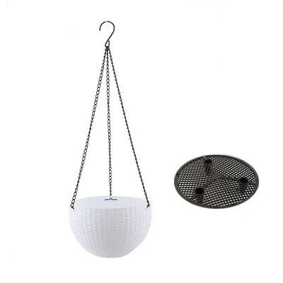 Plastic hanging basket with chain in one of seven colours: black, blue, bronze, green, grey, red, or white.