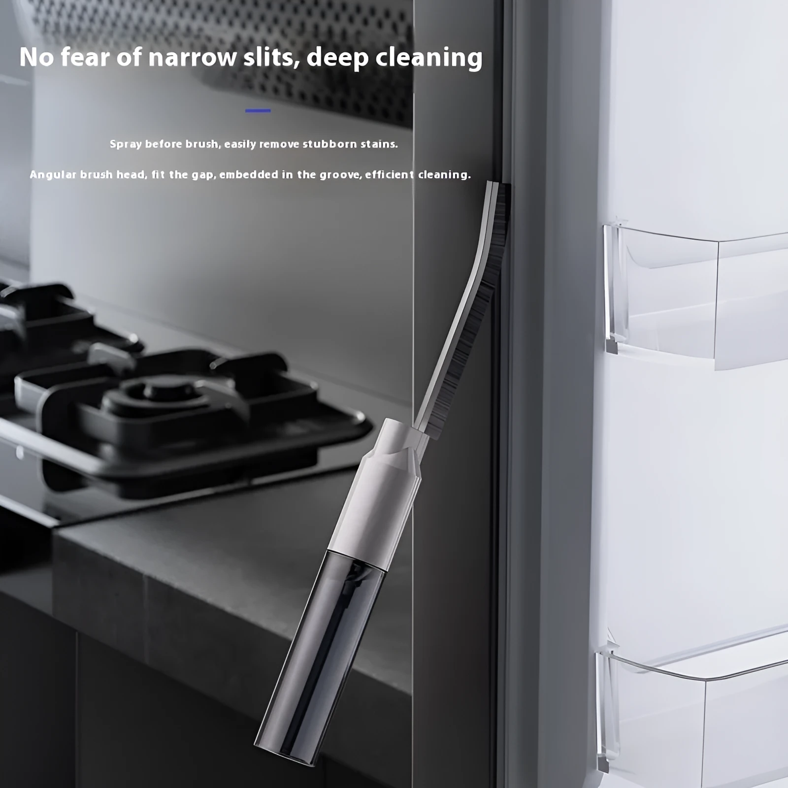 White plastic gap brush with black bristles for cleaning bathroom grooves