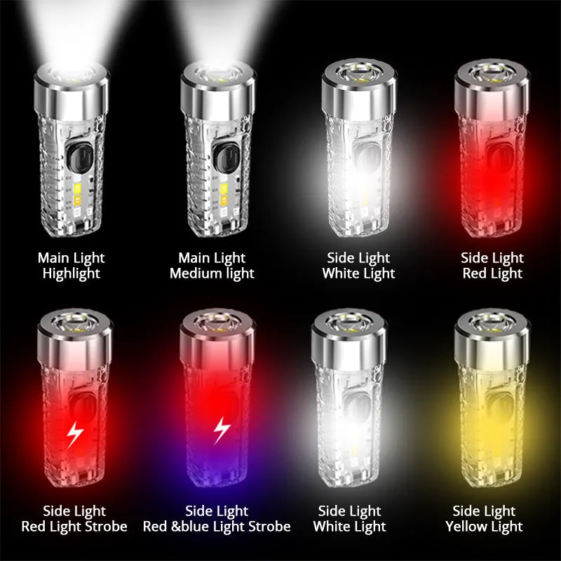 Mini LED keychain flashlight with high-strength ABS shell in transparent colour, shown on a keyring for portable night lighting