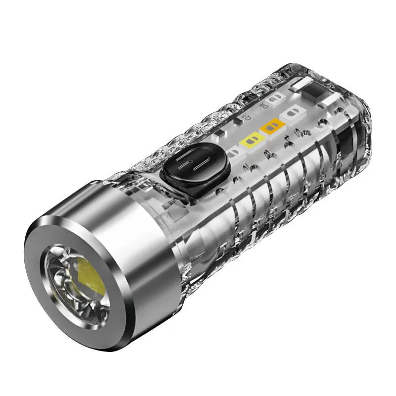 Mini LED keychain flashlight with high-strength ABS shell in transparent colour, shown on a keyring for portable night lighting