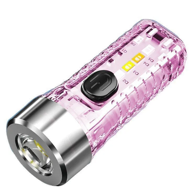 Mini LED keychain flashlight with high-strength ABS shell in transparent colour, shown on a keyring for portable night lighting