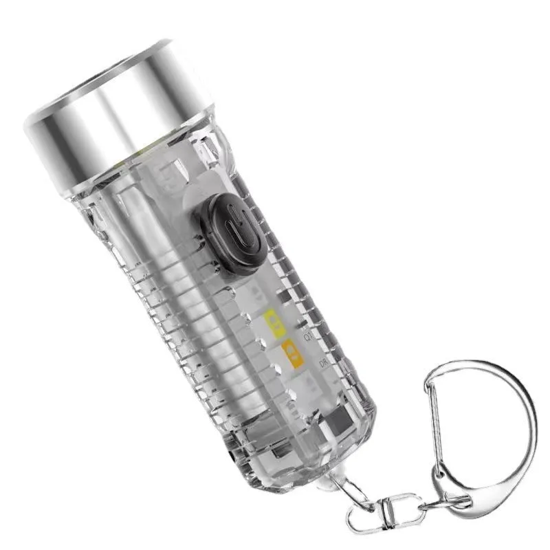 Mini LED keychain flashlight with high-strength ABS shell in transparent colour, shown on a keyring for portable night lighting