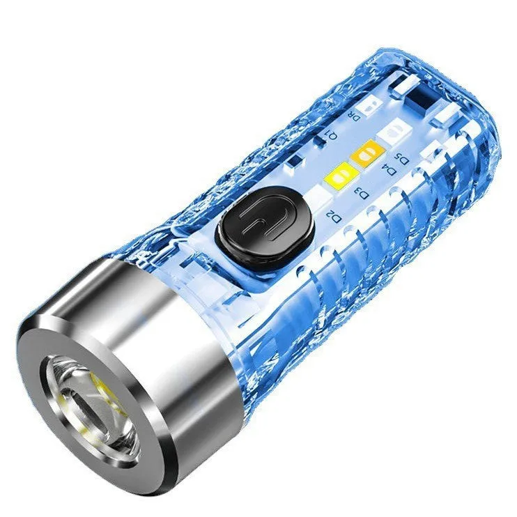 Mini LED keychain flashlight with high-strength ABS shell in transparent colour, shown on a keyring for portable night lighting