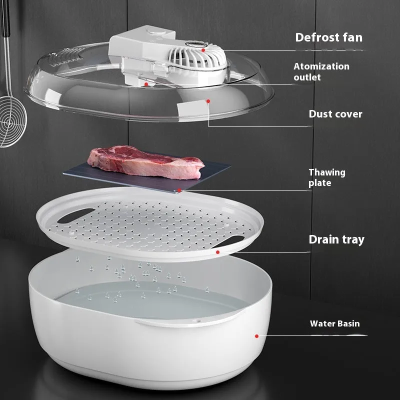 Aluminium household quick defrosting plate and separate USB cable on a kitchen counter.
