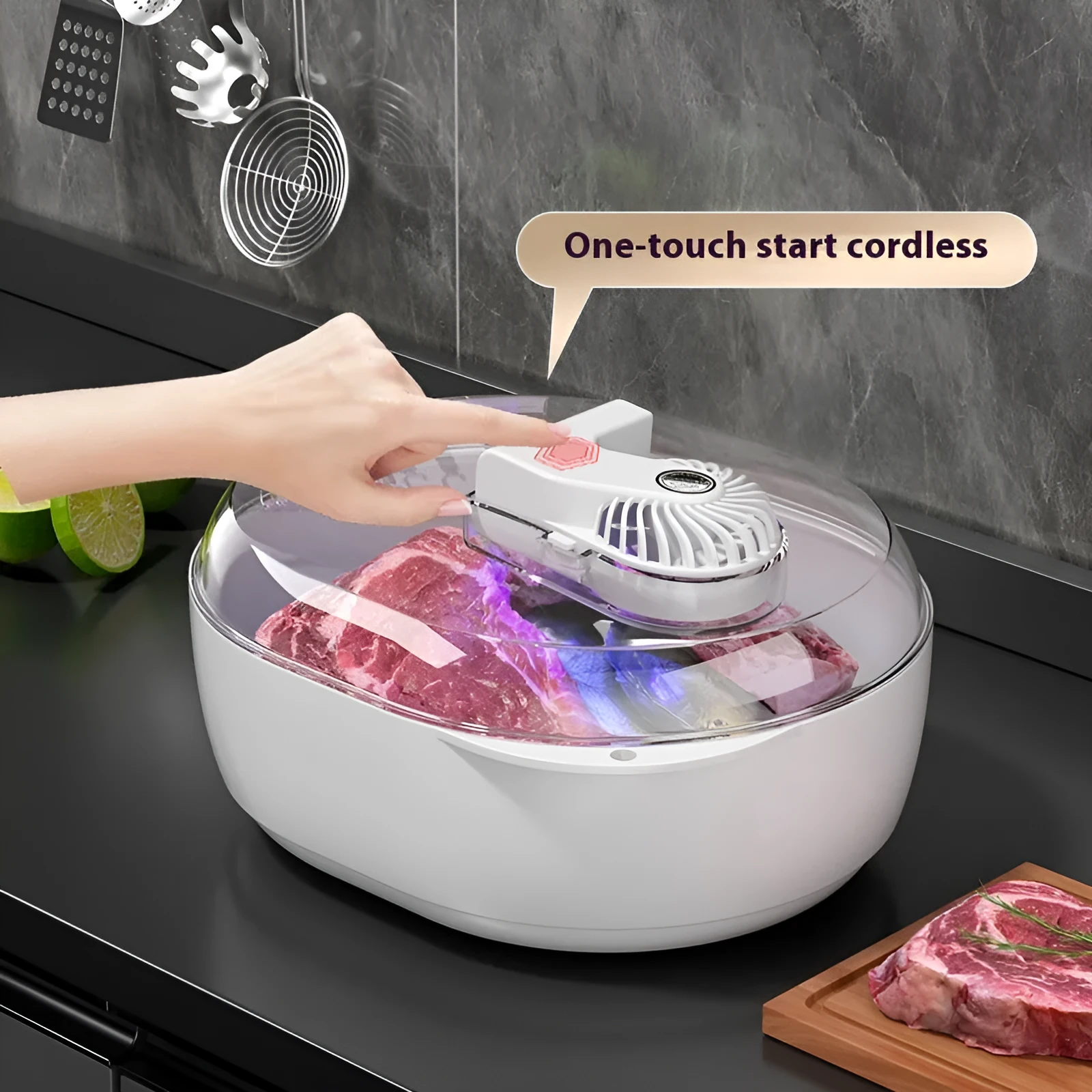 Aluminium household quick defrosting plate and separate USB cable on a kitchen counter.
