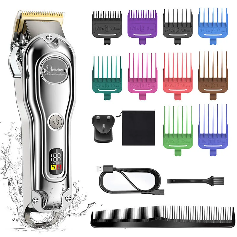 Silver electric hair clipper with LCD display, metal body, ten guide combs, cleaning brush, oil bottle, and storage bag.